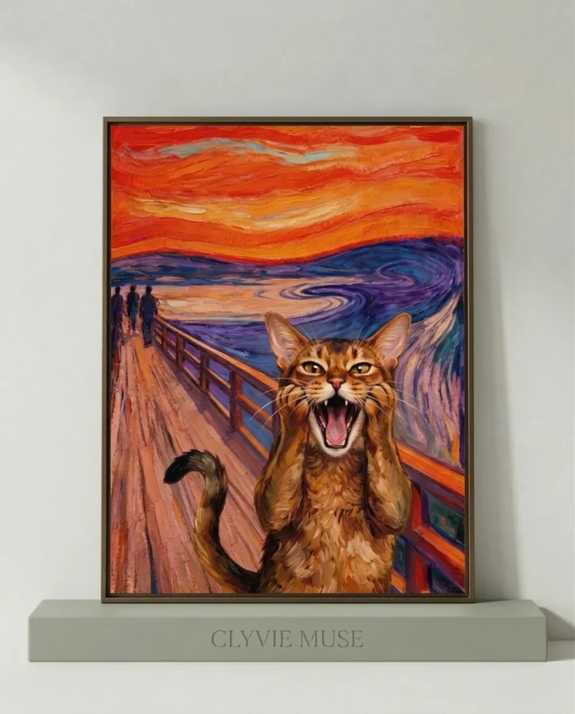 Cat Paint by Numbers - A finished canvas of a cat parodying 'The Scream' for Minimalist Home Decor.