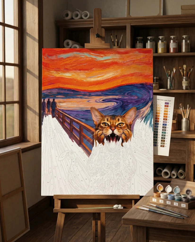 A completed DIY paint-by-numbers canvas of a Bengal cat in the style of Edvard Munch’s 'The Scream', featuring bold acrylic brush strokes, visible linen canvas texture, and a simplified artistic color palette.