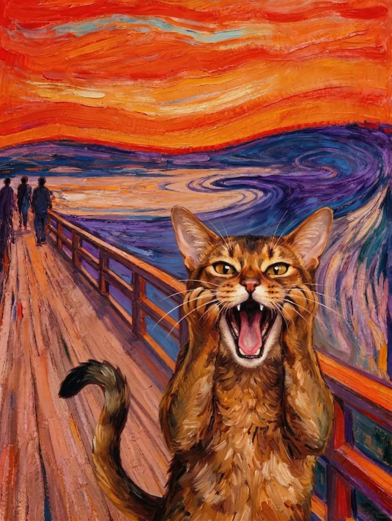 A completed DIY paint-by-numbers canvas of a Bengal cat in the style of Edvard Munch’s 'The Scream', featuring bold acrylic brush strokes, visible linen canvas texture, and a simplified artistic color palette.
