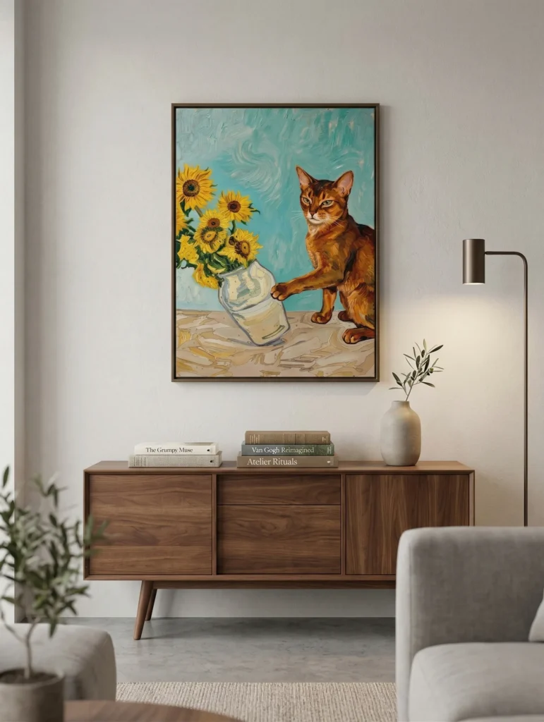 A completed paint-by-numbers canvas of a grumpy cat pushing a vase of sunflowers, rendered in a bold Van Gogh-inspired impasto style.