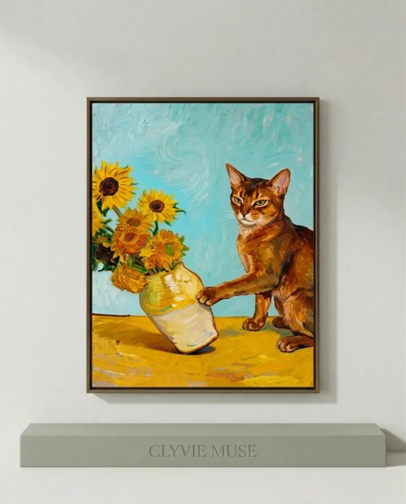 Van Gogh Cat Paint by Numbers - Finished canvas of the Abyssinian cat and sunflower vase for Minimalist Home Decor