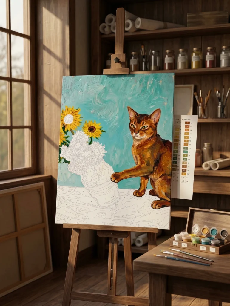 A completed paint-by-numbers canvas of a grumpy cat pushing a vase of sunflowers, rendered in a bold Van Gogh-inspired impasto style.