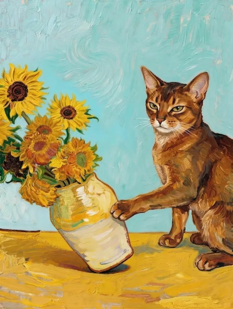 A completed paint-by-numbers canvas of a grumpy cat pushing a vase of sunflowers, rendered in a bold Van Gogh-inspired impasto style.